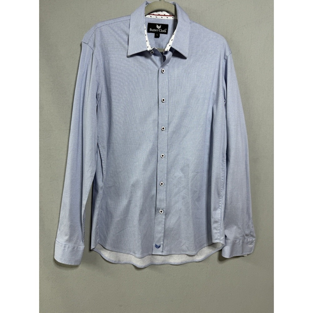 Butter Cloth Mens Blue White Geometric Button Up Shirt Large Regular Fit L/S